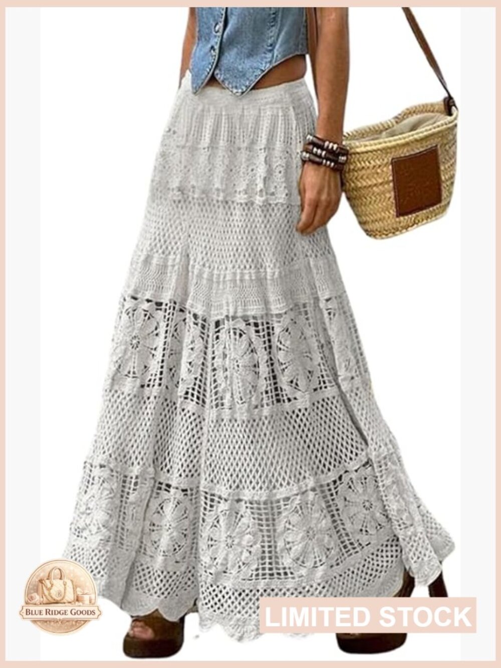Crochet Knit Maxi Boho Skirt A-Line Eyelet Flowy Long Skirt Hippie